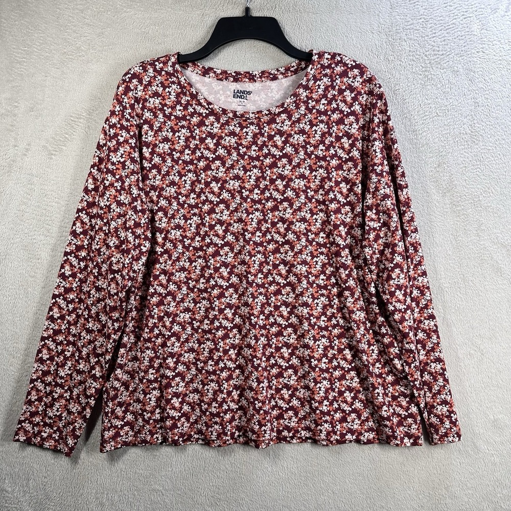 Lands' End Cotton Floral Long Sleeve T-Shirt Size XL EUC Red Ditsy Floral Casual